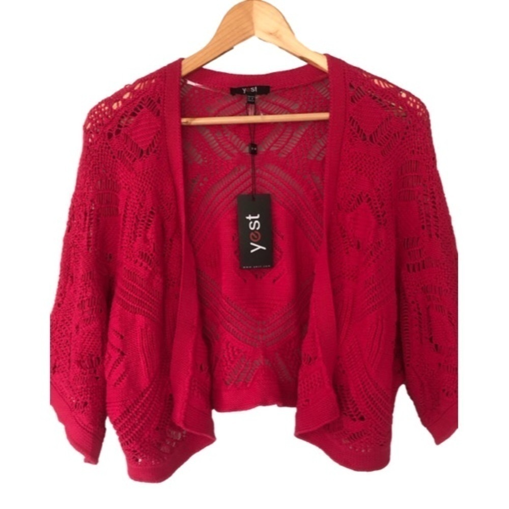 Yest Cropped Fairborn Fuchsia Cotton Shrug Open Cardigan Crochet Knit Sz 14 NWT